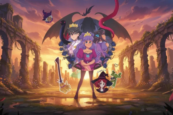 Personagens de anime em ruínas de pedra sob um céu de pôr do sol dourado, cercados por elementos mágicos.