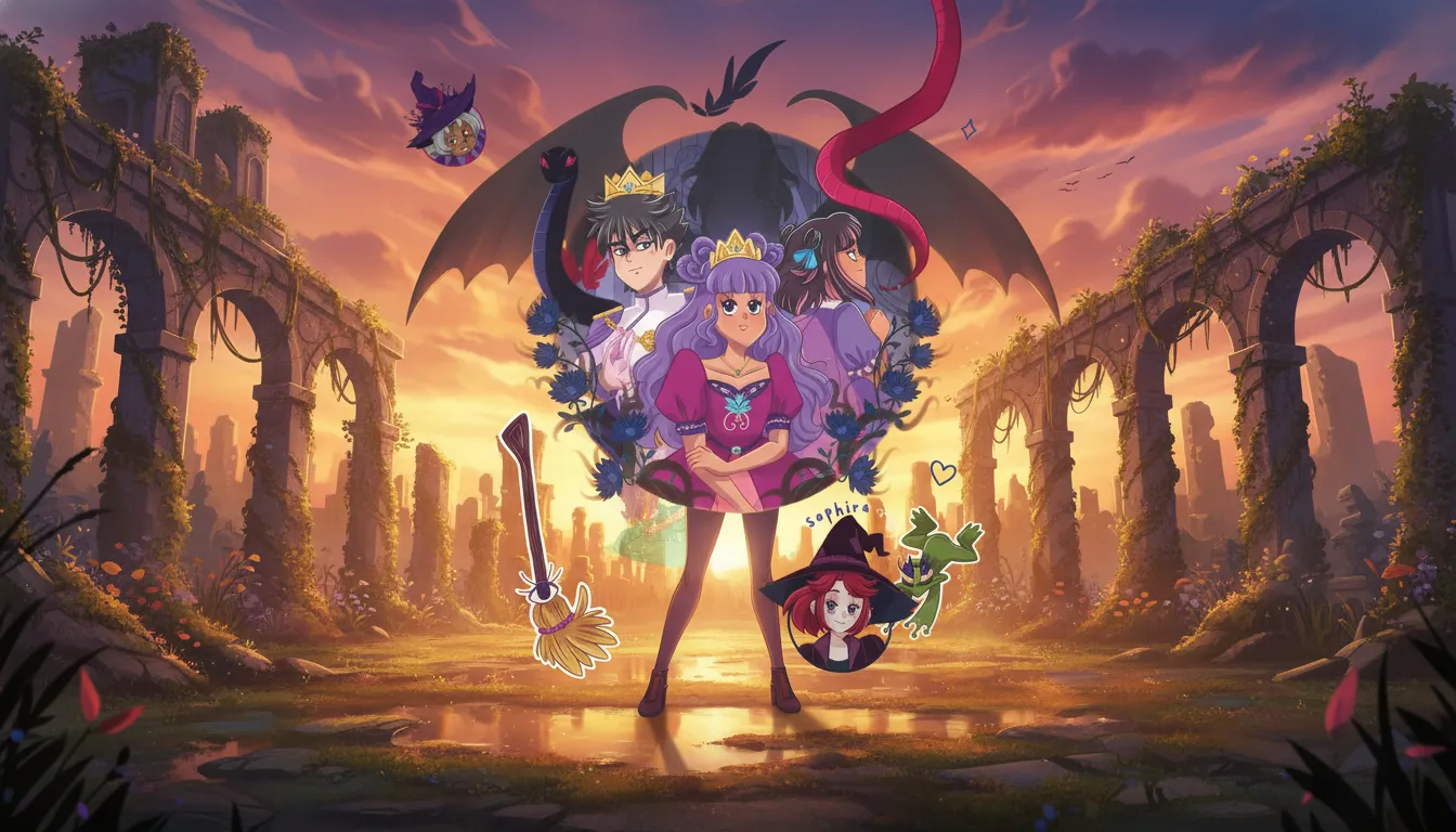 Personagens de anime em ruínas de pedra sob um céu de pôr do sol dourado, cercados por elementos mágicos.
