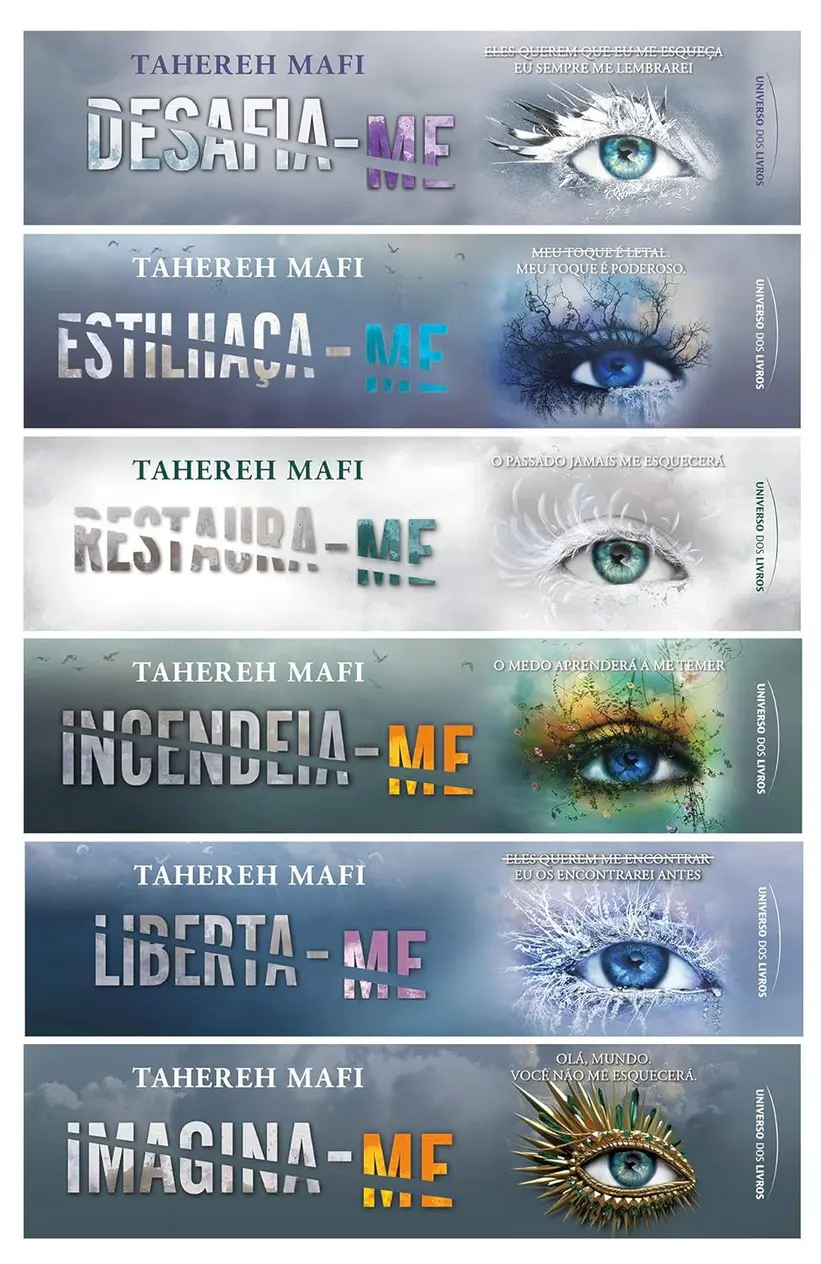 Lombadas dos livros Kit Estilhaça-me, títulos, design