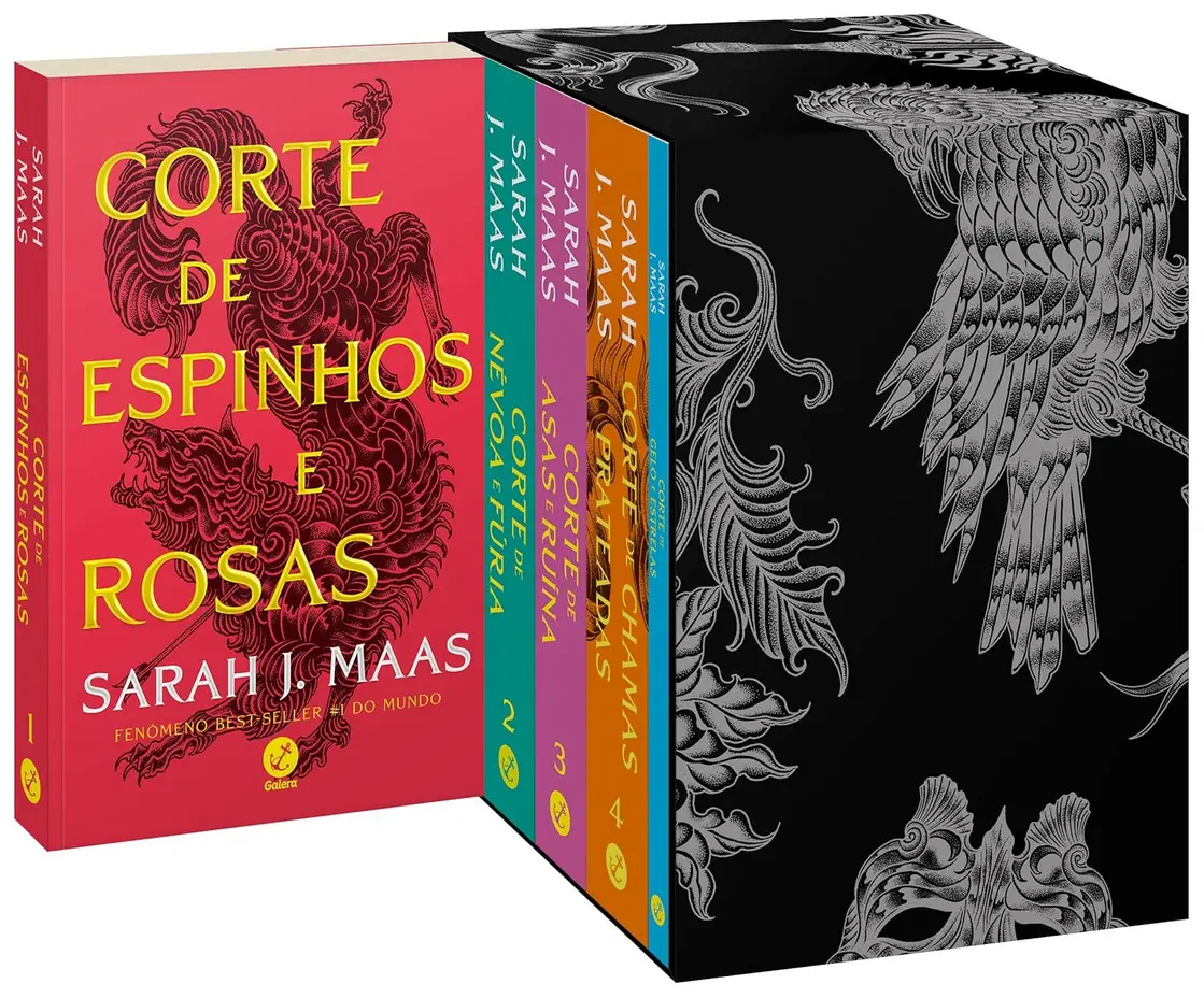 Os cinco livros da saga Corte de espinhos e rosas (Novas capas) abertos, com marcadores temáticos