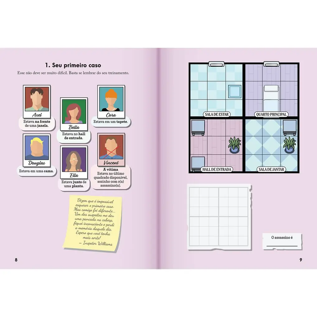Páginas abertas do livro Murdoku: 80 mistérios para resolver usando a lógica, mostrando um enigma colorido com elementos de investigação e espaços para anotações.