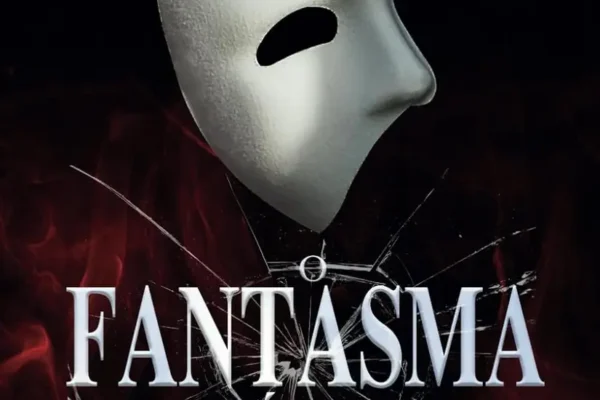 Capa comum do livro O Fantasma da Ópera com design de máscara prateada