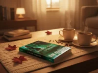 Livro 'A morte não é o bastante' sobre mesa com duas xícaras de café fumegantes e folhas de outono sob luz calorosa.