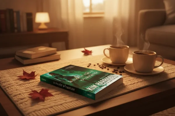 Livro 'A morte não é o bastante' sobre mesa com duas xícaras de café fumegantes e folhas de outono sob luz calorosa.