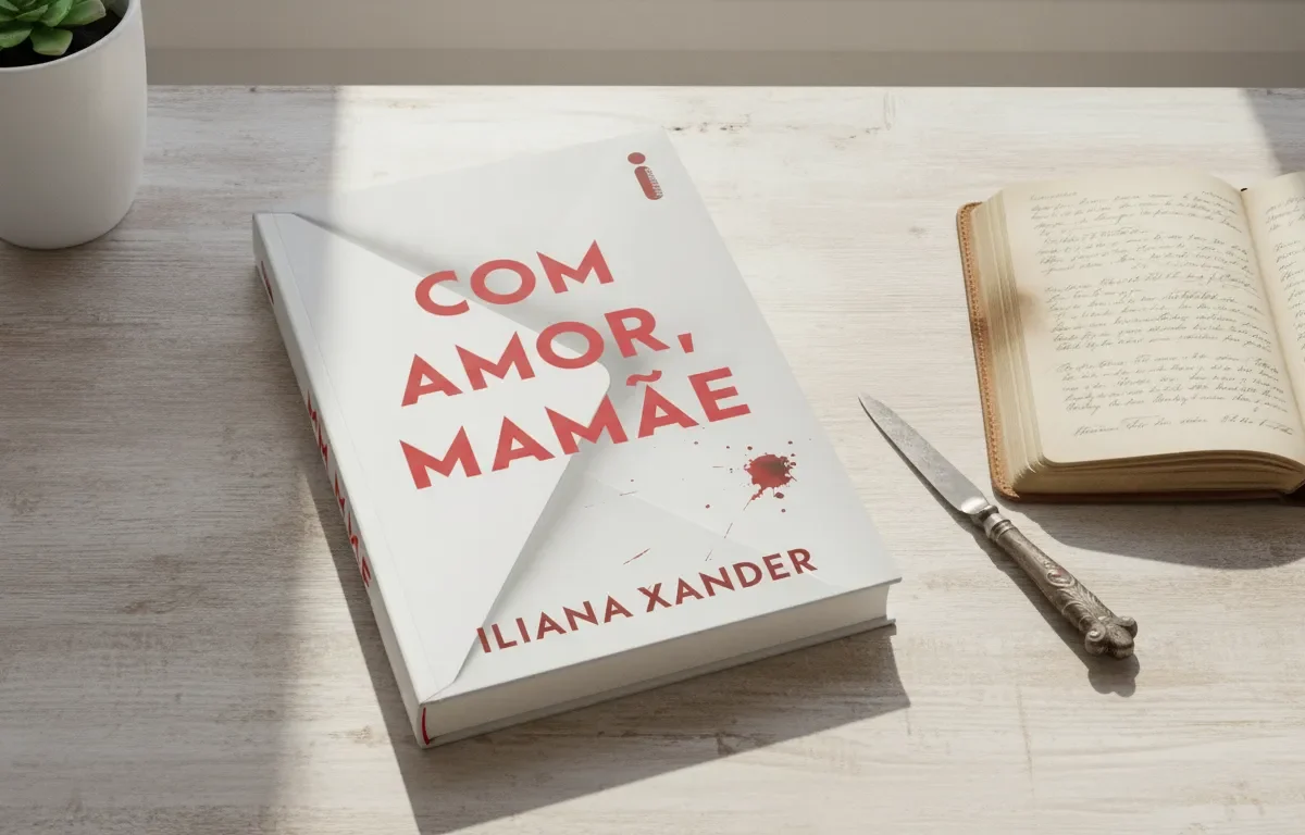Livro 'Com amor, mamãe' em forma de envelope com mancha de sangue, ao lado de um diário aberto e abridor de cartas.