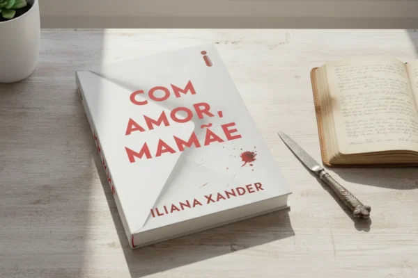 Livro 'Com amor, mamãe' em forma de envelope com mancha de sangue, ao lado de um diário aberto e abridor de cartas.