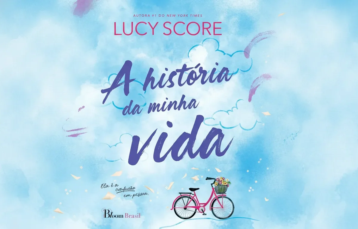 Fundo aquarela azul com nuvens, uma bicicleta rosa com cesta de flores e o título A História da Minha Vida.