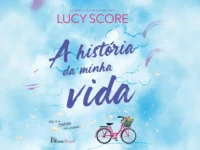 Fundo aquarela azul com nuvens, uma bicicleta rosa com cesta de flores e o título A História da Minha Vida.