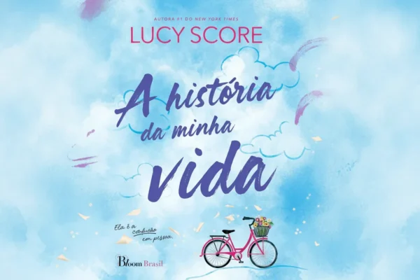 Fundo aquarela azul com nuvens, uma bicicleta rosa com cesta de flores e o título A História da Minha Vida.