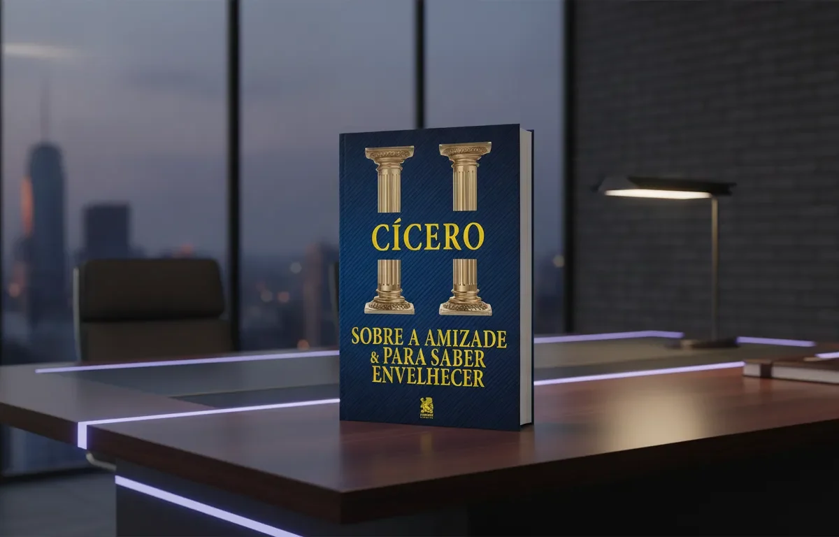 Livro de Cícero sobre mesa de escritório moderna com vista urbana ao anoitecer ao fundo.