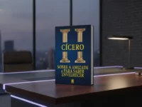 Livro de Cícero sobre mesa de escritório moderna com vista urbana ao anoitecer ao fundo.