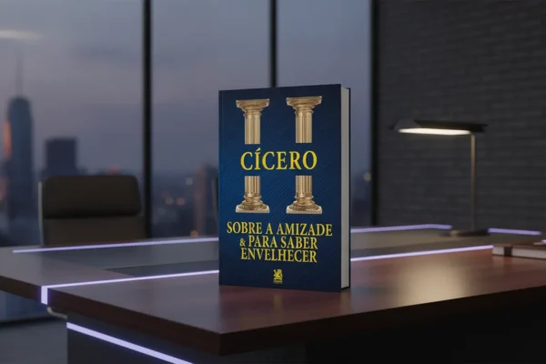 Livro de Cícero sobre mesa de escritório moderna com vista urbana ao anoitecer ao fundo.