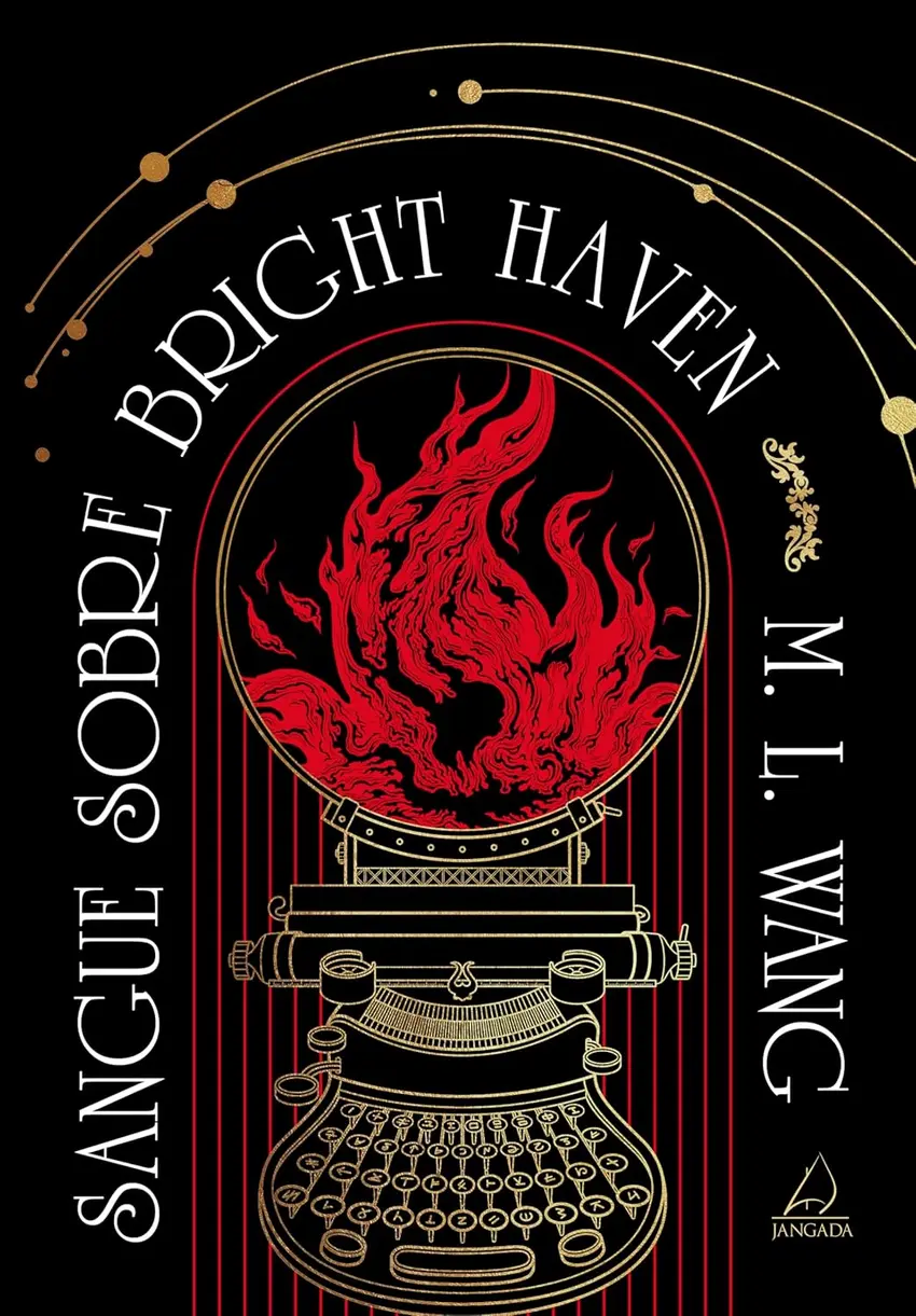 Livro Sangue sobre Bright Haven aberto em uma mesa de madeira com uma xícara de café.