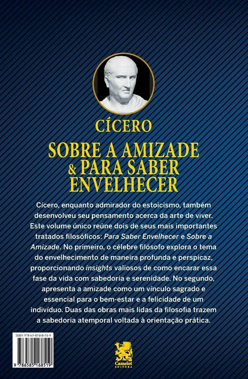 Livro Sobre a Amizade e para Saber Envelhecer aberto em uma mesa de madeira com café e óculos.