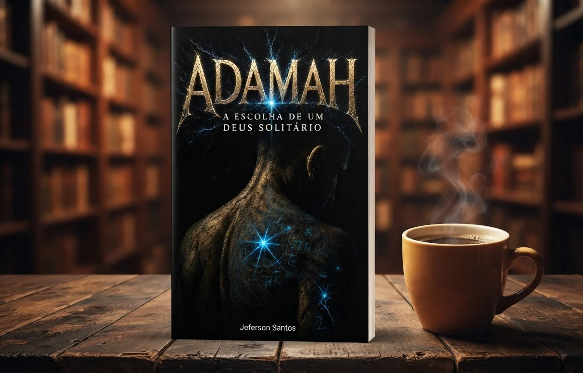 Livro de ficção Adamah: A Escolha de um Deus Solitário de Jeferson Santos sobre uma mesa de madeira ao lado de uma caneca de café.