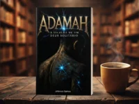 Livro de ficção Adamah: A Escolha de um Deus Solitário de Jeferson Santos sobre uma mesa de madeira ao lado de uma caneca de café.