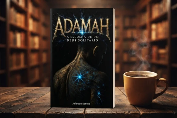 Livro de ficção Adamah: A Escolha de um Deus Solitário de Jeferson Santos sobre uma mesa de madeira ao lado de uma caneca de café.