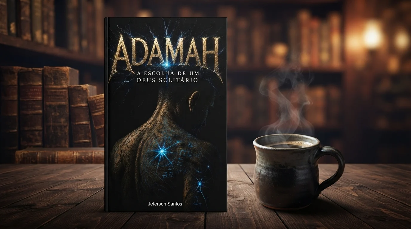 Capa detalhada do livro de fantasia Adamah: A Escolha de um Deus Solitário com arte de homem com veias azul neon.