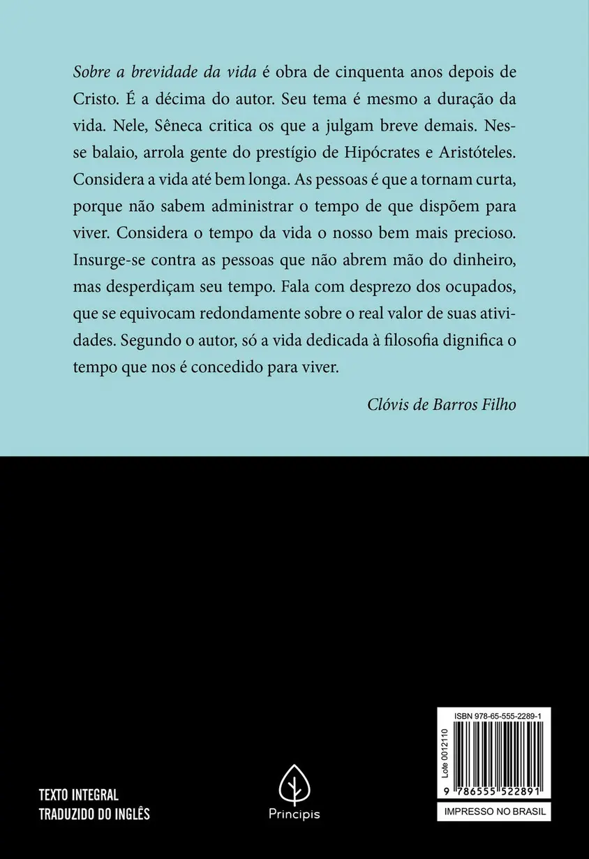 Livro 'Sobre a brevidade da vida' aberto sobre uma mesa, com uma xícara de café ao lado, em um ambiente aconchegante de leitura.
