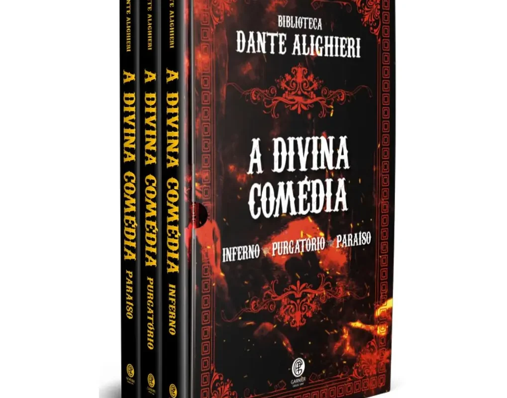 Box com 3 livros da Biblioteca Dante Alighieri - A Divina Comédia, edição de luxo em capa dura almofadada com detalhes em hot-stamping e lateral tie-dye dourada.