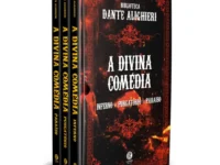Box com 3 livros da Biblioteca Dante Alighieri - A Divina Comédia, edição de luxo em capa dura almofadada com detalhes em hot-stamping e lateral tie-dye dourada.
