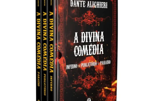 Box com 3 livros da Biblioteca Dante Alighieri - A Divina Comédia, edição de luxo em capa dura almofadada com detalhes em hot-stamping e lateral tie-dye dourada.