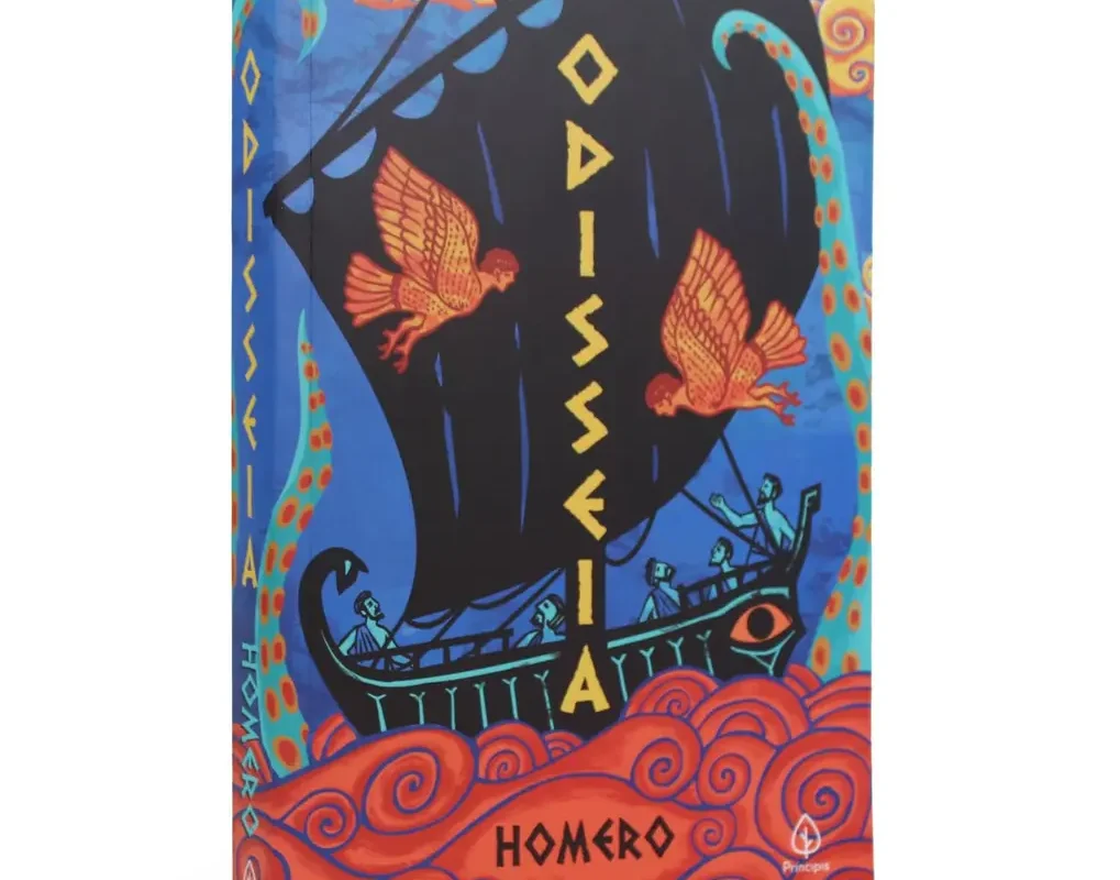 Capa do livro A Odisseia de Homero, edição Principis, em tons de azul escuro e dourado