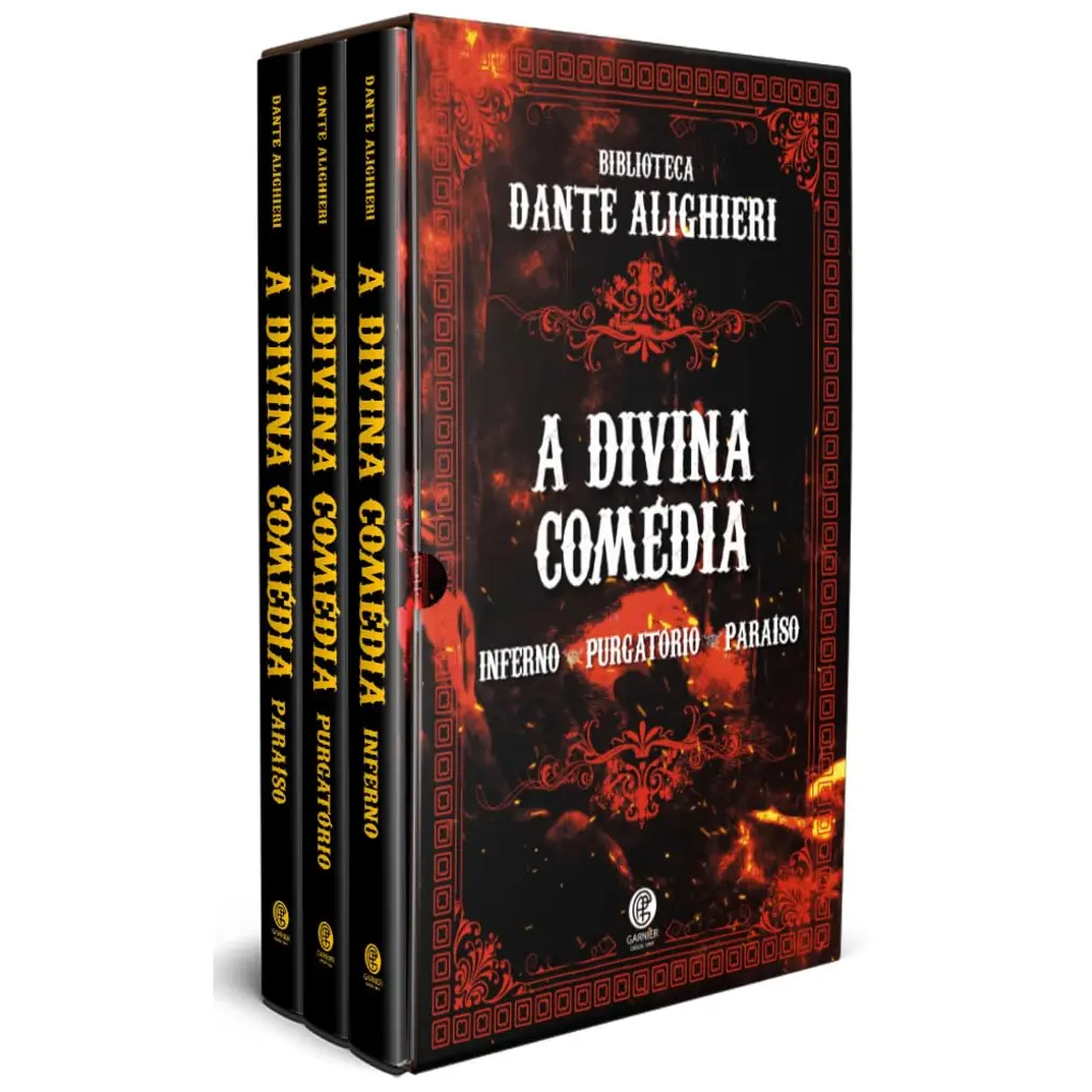 Detalhe do acabamento em hot-stamping e da lateral tie-dye dourada em um dos livros da Biblioteca Dante Alighieri - A Divina Comédia.