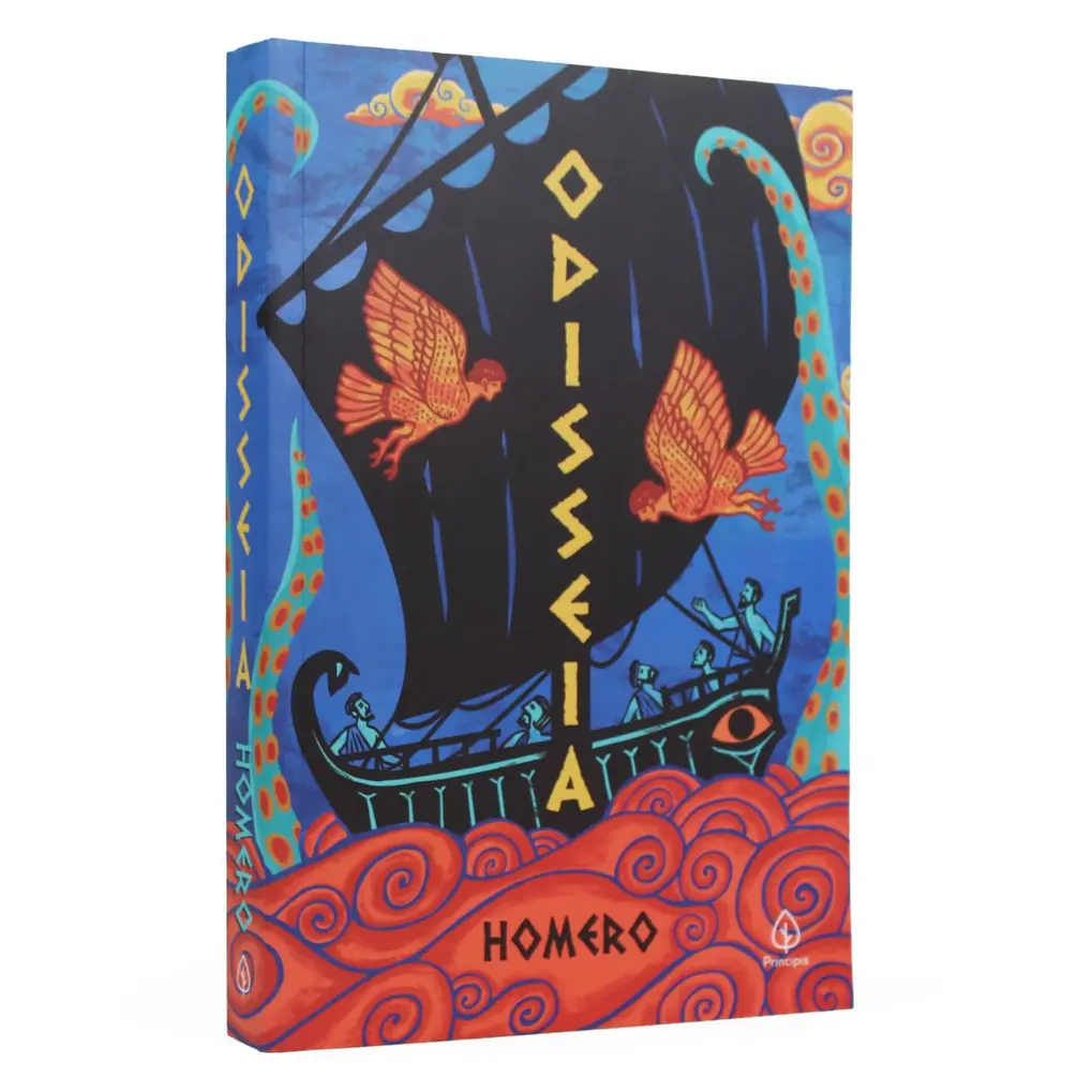 Livro A Odisseia de Homero em capa comum, aberto sobre uma mesa de madeira