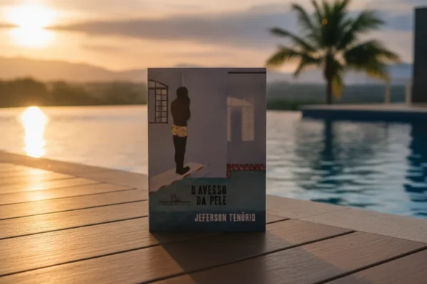 Capa de "O Avesso Da Pele" em cenário de piscina ao pôr do sol.