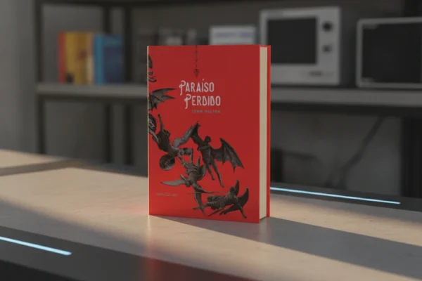 Livro "Paraíso Perdido" em uma bancada cinza moderna com luz do sol.