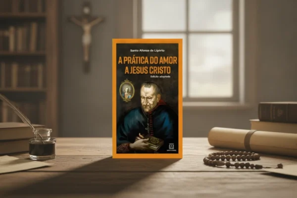 Livro "A Prática Do Amor A Jesus Cristo" em cenário de estúdio retrô.