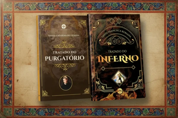 Imagem do Combo Tratado Do Inferno e Tratado Do Purgatório com fundo estilo iluminura.