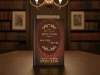 Livro "Dia a dia com Spurgeon" em ambiente de biblioteca com iluminação aconchegante.