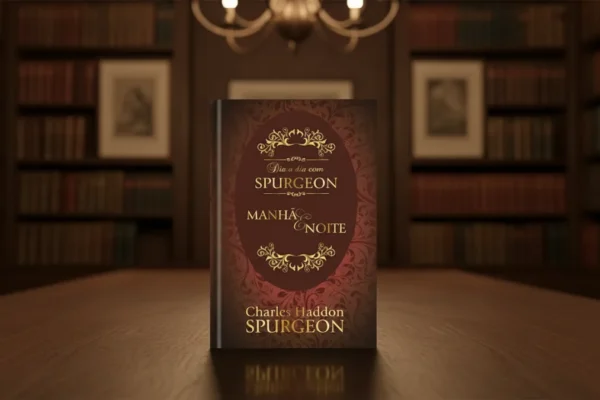 Livro "Dia a dia com Spurgeon" em ambiente de biblioteca com iluminação aconchegante.