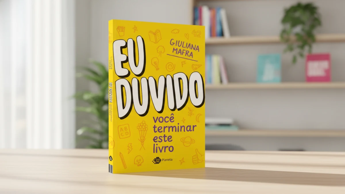 Capa do livro "Eu duvido você terminar este livro" em uma mesa de madeira clara.