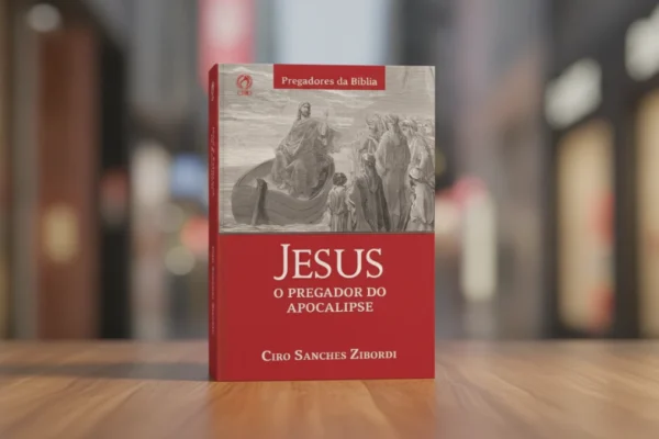Livro "Jesus O Pregador Do Apocalipse" em uma mesa de madeira, foco na capa.
