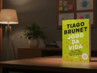 Livro "Jogo da Vida" em mesa de madeira escura com fundo de escritório desfocado.