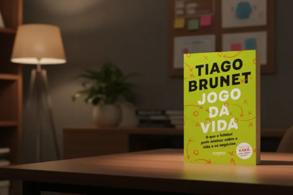 Livro "Jogo da Vida" em mesa de madeira escura com fundo de escritório desfocado.
