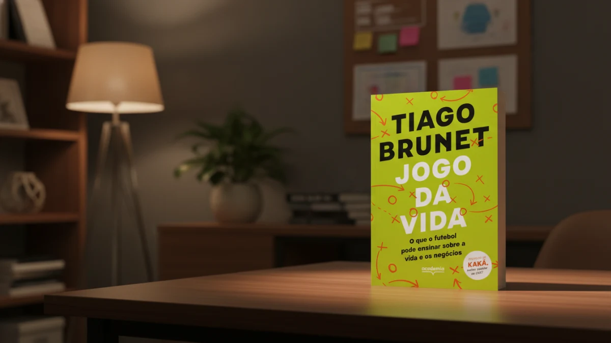 Livro "Jogo da Vida" em mesa de madeira escura com fundo de escritório desfocado.