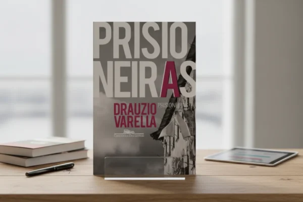 Capa do livro "Prisioneiras" em suporte sobre mesa.