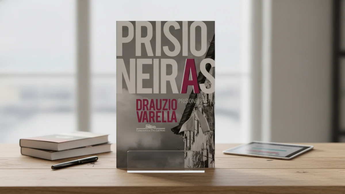 Capa do livro "Prisioneiras" em suporte sobre mesa.