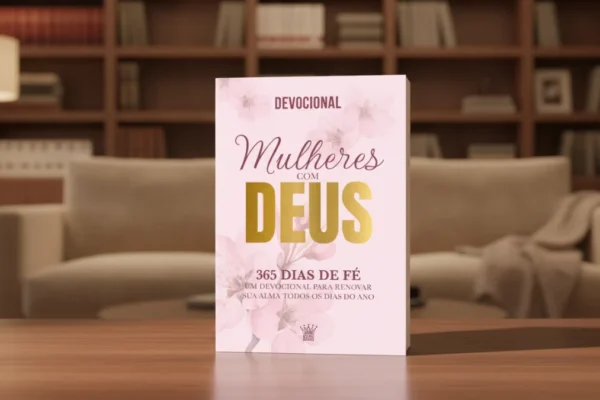 Capa de livro "Mulheres com Deus - 365 Dias de Fé" em sala elegante.