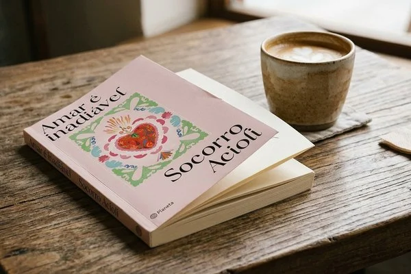 Livro de capa lisa aberto sobre uma mesa de madeira ao lado de uma xícara de café, em luz suave de fim de tarde