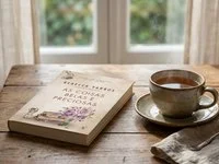 Livro de capa lisa fechado sobre uma mesa de madeira, ao lado de uma xícara e de uma janela com luz suave
