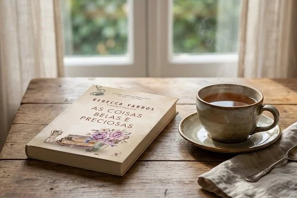 Livro de capa lisa fechado sobre uma mesa de madeira, ao lado de uma xícara e de uma janela com luz suave