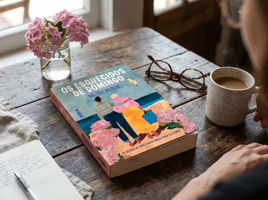 Livro “Os Esquecidos de Domingo”, de Valérie Perrin, numa mesa de madeira ao lado de uma xícara de café quente, óculos, um vaso de hortênsias e um caderno de notas aberto.