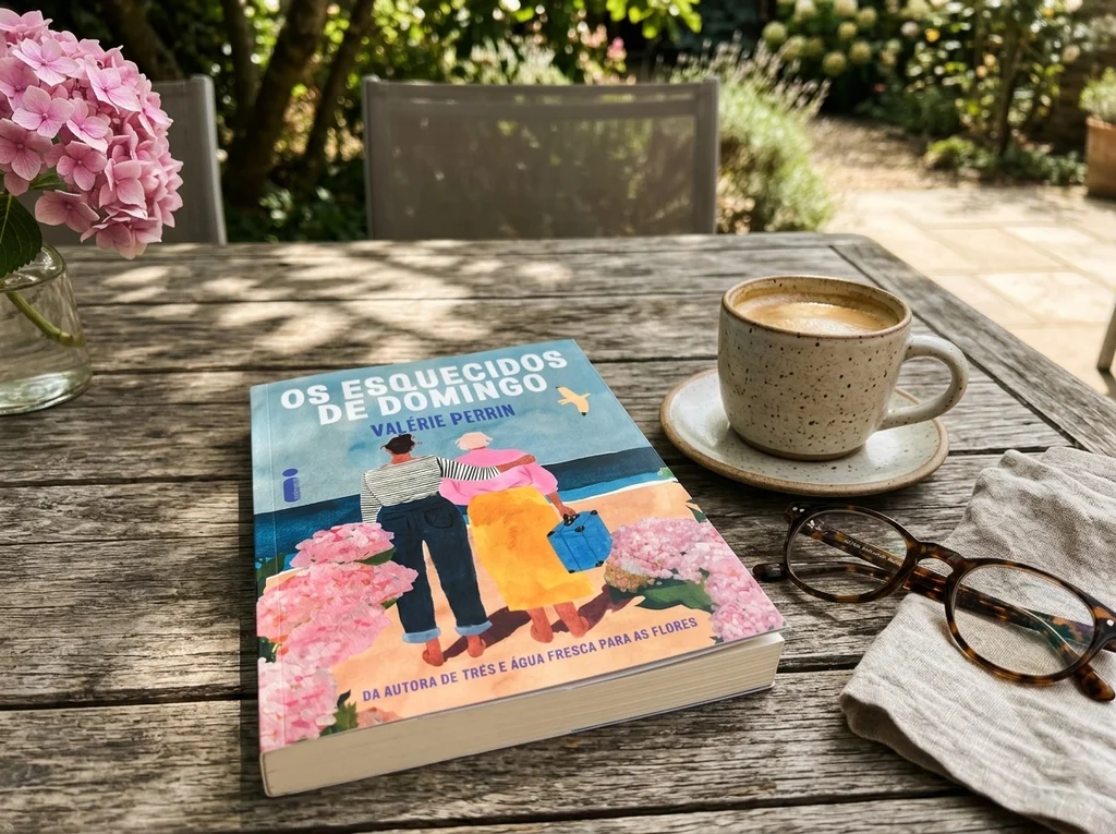 Livro “Os Esquecidos de Domingo”, de Valérie Perrin, numa mesa de madeira num jardim, ao lado de uma xícara de café cremoso, óculos de grau e um vaso de hortênsias.