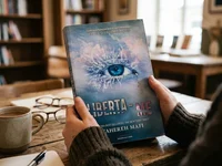 Pessoa a segurar o livro “Liberta-me”, de Tahereh Mafi, sobre uma mesa de madeira numa biblioteca, com uma xícara de café, óculos e caderno de notas ao fundo.