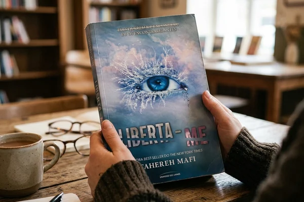 Pessoa a segurar o livro “Liberta-me”, de Tahereh Mafi, sobre uma mesa de madeira numa biblioteca, com uma xícara de café, óculos e caderno de notas ao fundo.